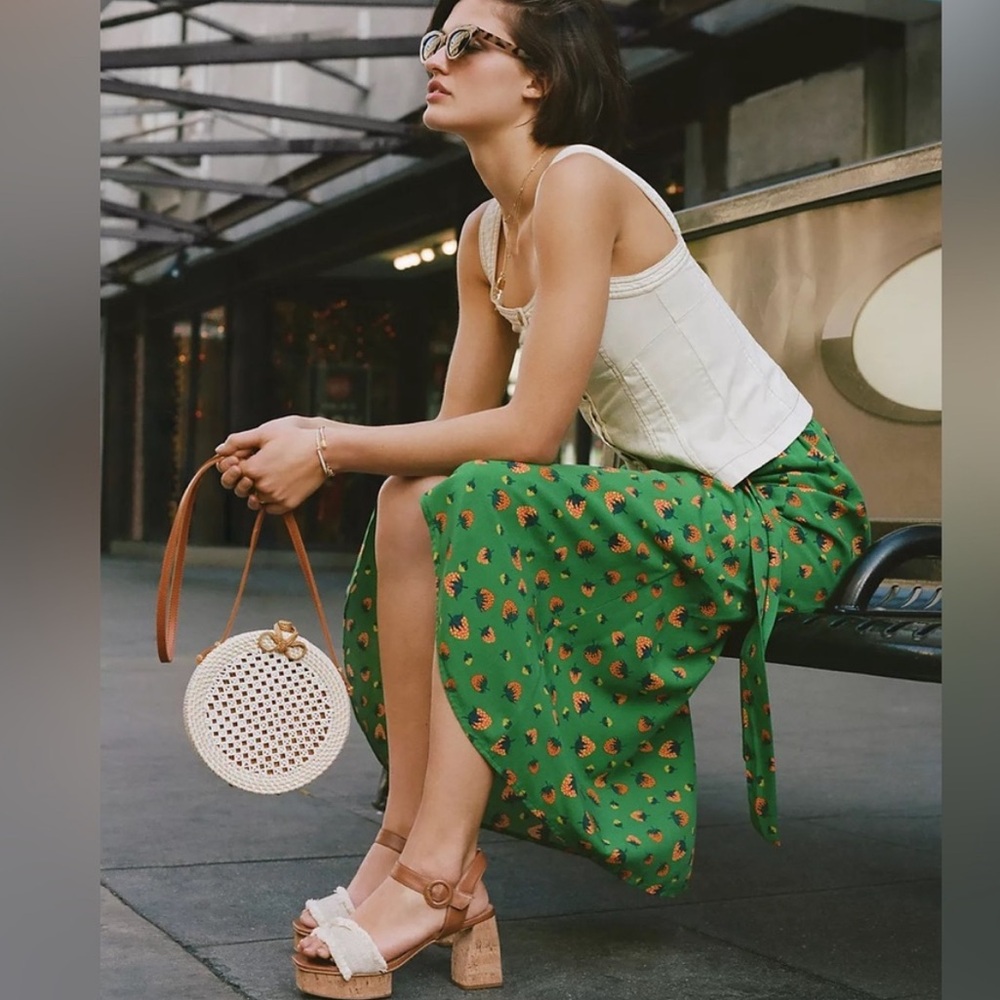 Anthropologie Green Floral Wrap Midi Skirt